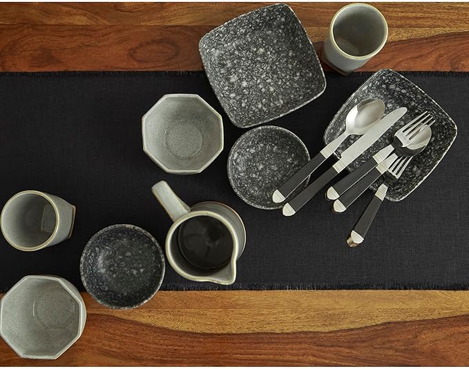 Solino Home Linen Black Table Runner 60 Inches - Fringe, 100% Pure Linen Short Table Runner 14 x 60 Inch Ideal for Dresser and Coffee Tables - Spring