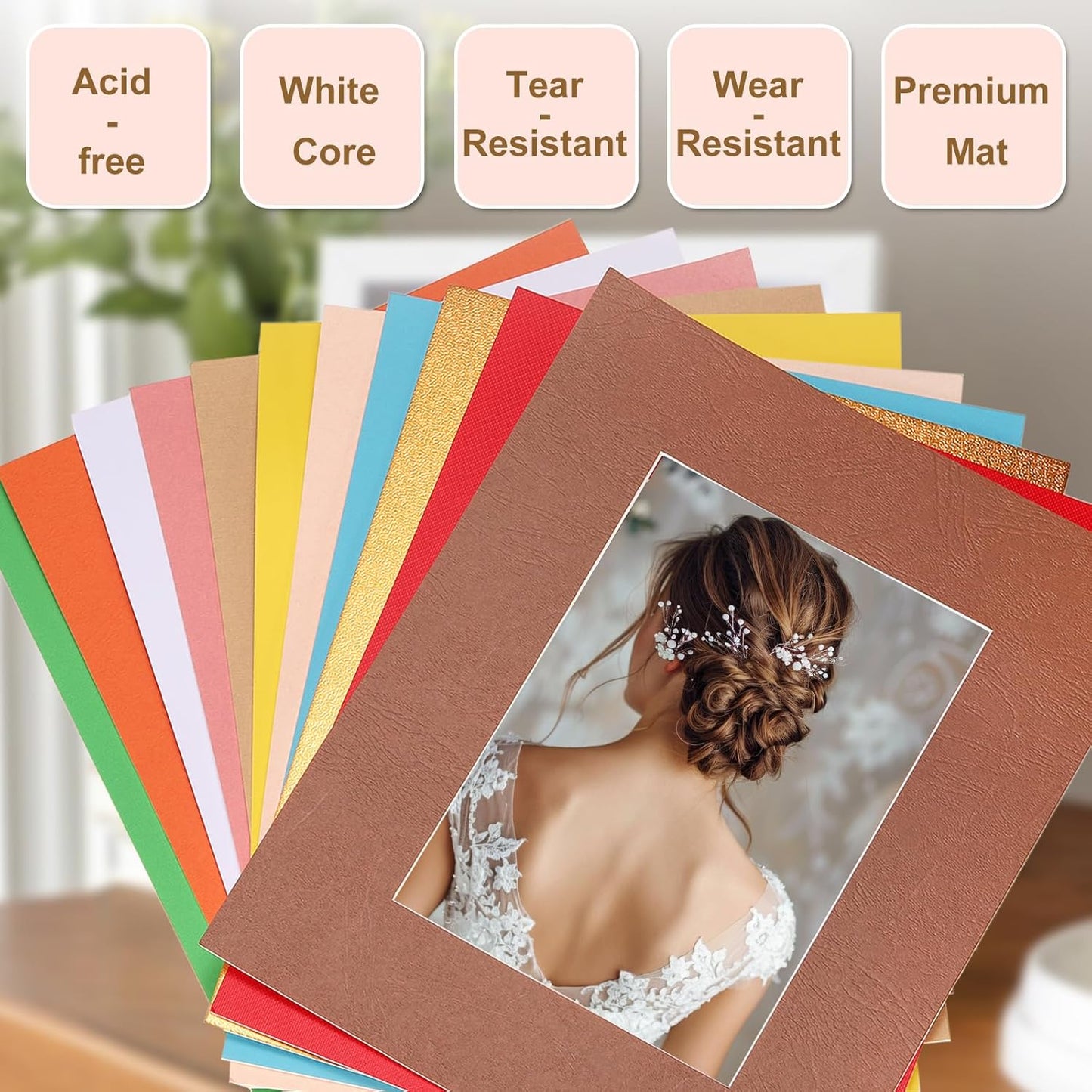 Picture Mats, 8 x 10 for 5 x 7 Pictures Acid Free White Core Bevel Cut Frame Mattes for Display Art Measuring, Kraft Paper Color