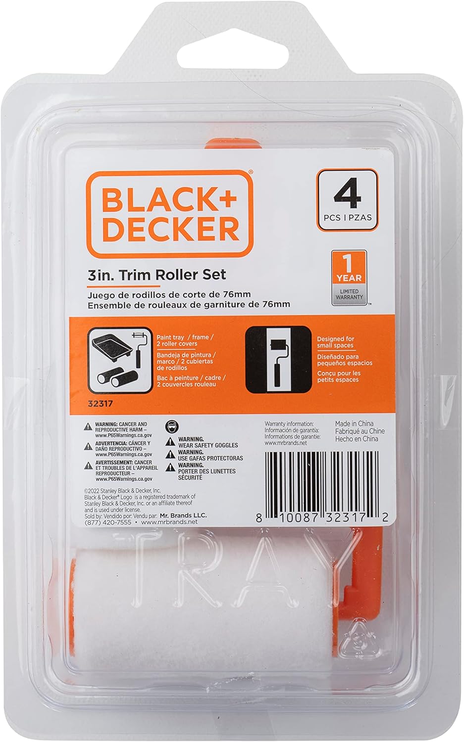 Black+Decker 3-Inch Trim Roller Set with Paint Tray, Roller Frame and 2 Roller Covers, Precision Painting for Professional Results