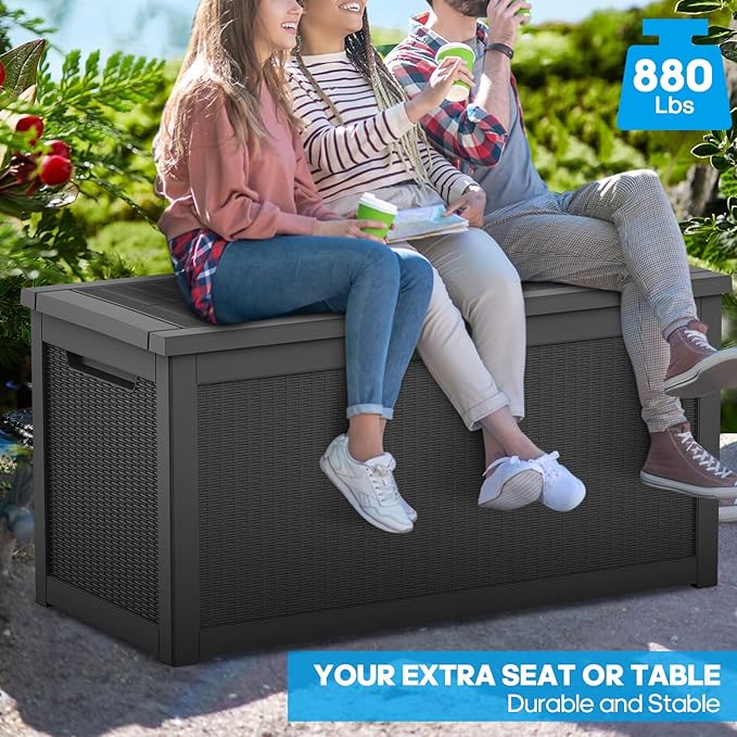 320 Gallon Resin Deck Box, Waterproof Outdoor Storage Box for Patio Furniture Cushions, Garden Tools, and Pool Accessories, Large Lockable UV-Resistant Storage Bin Bench Cabinet for Outside, Black
