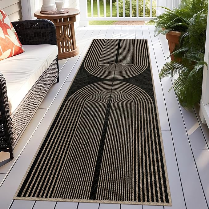 Easy Jute Rainbow Runner Rug, 2.6x8 Black Washable Rugs Runner for Hallway Non-Slip Boho Farmhouse Kitchen Runner Rug, Modern Abstract Indoor Outdoor Carpet for Porch Laundry Entryway