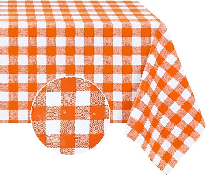 Romanstile Rectangle Vinyl Tablecloth, 100% Waterproof Buffalo Gingham Plastic Table Cloth, Heavy Duty Wipeable Checkered Table Covers for Outdoor, Camping, Picnic, Patio - 54 x 78, Orange and White