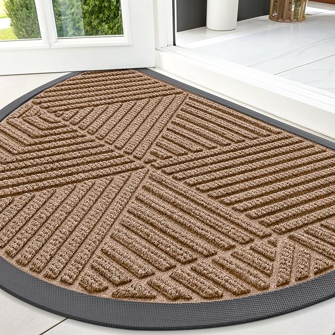 Smiry Half Circle Front Door Mat Outside Entrance, Heavy Duty Sturdy Natural Rubber Doormat, Trap Dirt and Moisture, Low Profile Mats for Indoor Outdoor Entry, Irregular Triangle (47x32, Coffee)