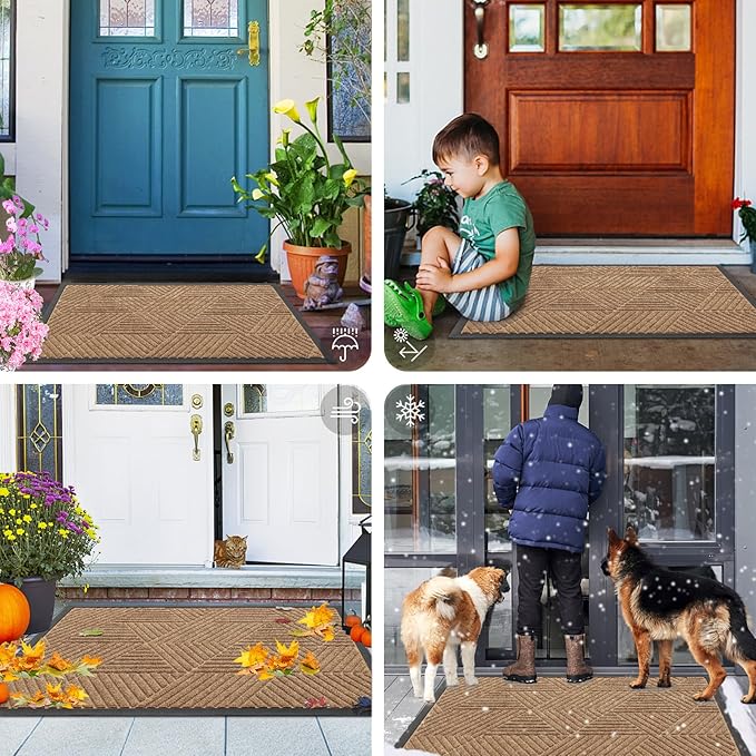 Smiry Front Door Mat Outside Entrance, Heavy Duty Sturdy Natural Rubber Doormat, Trap Dirt and Moisture, Easy Clean Low Profile Mats for Indoor Outdoor Entry, Irregular Triangle (47x24, Coffee)