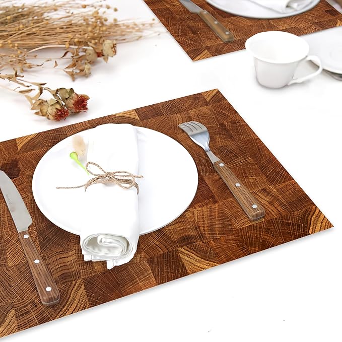 Placemats Set of 6,Retro Wood Linen Table Mats Honey Oak Texture Heat Resistant Place Mats Washable Dining Table Mats for Indoor Outdoor Kitchen Decor Easy Clean 12 x 18 Inch