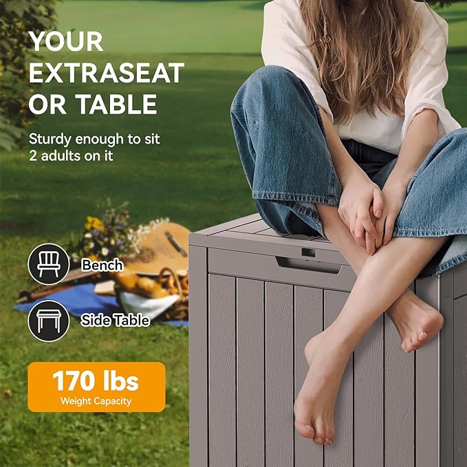 NUNU LAB 35 Gallon Outdoor Storage Box Waterproof, Outside Package Delivery Deck Boxes with Lockable Lid, Backyard Storage Bin For Garden Tools, Patio Cushions Accessories, Gray
