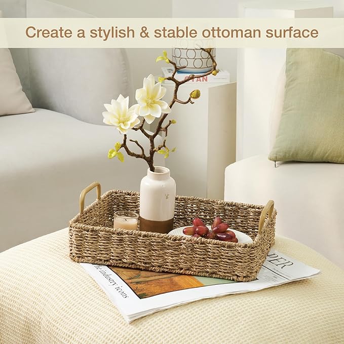 Set of 2 Rectangular Seagrass Trays with Handles - Decorative Trays for Coffee Table, Ottoman, Dining Room, Living Room