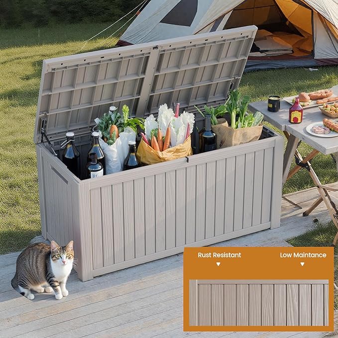 Zapdos Outdoor Storage Box, 180 Gallon Resin Deck Box Resin Patio Storage Box Bin for Furniture Cushions Garden Tools, Waterproof Lockable Waterproof Outside Storage Boxes, Grey