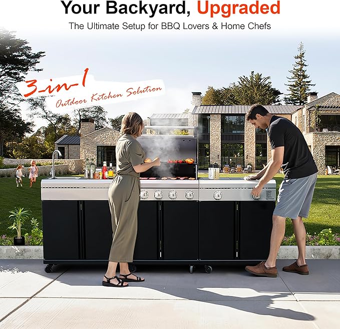 Brand-Man Outdoor Kitchen Island – 5-Burner Gas Grill & Griddle Combo with 800°C Infrared Sear Zone, Dual-Zone Cooktop, Sink & Storage, 995 sq.in Cooking Area, 67,000 BTU Stainless Steel BBQ Station