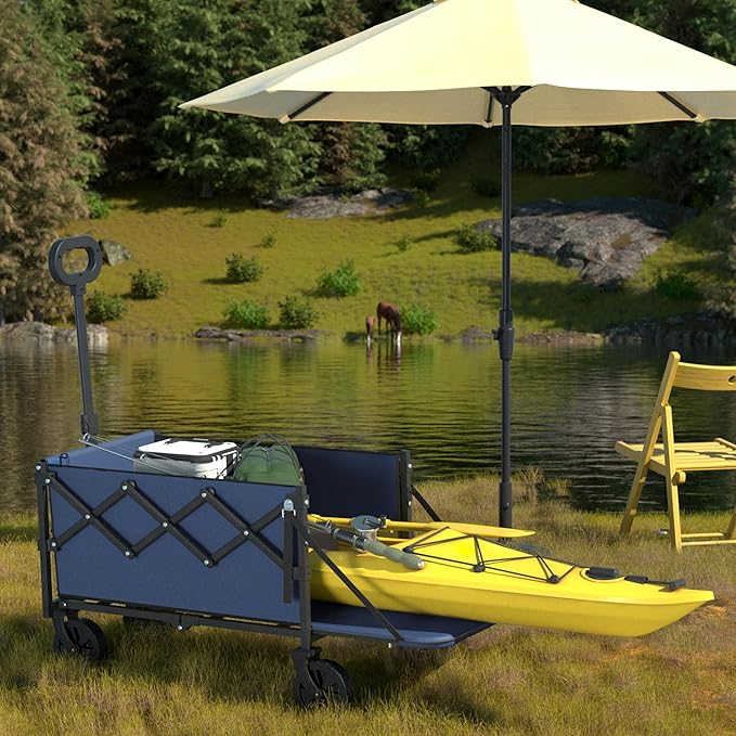 Collapsible Wagon with Tailgate, Wagons Carts Foldable with 350lbs Capacity, Lightweight Portable Utility Wagon Cart (Navy)