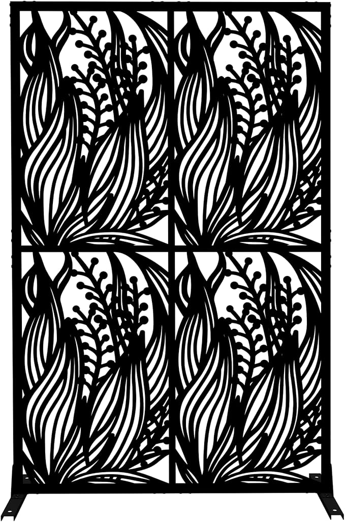 Metal Privacy Screen Room Divider 72" H x 45.3" W, Free Standing Decorative Panel with Bird Design for Indoor Outdoor Use, Black Iron Partition for Patio Balcony Garden (Leaf Black)
