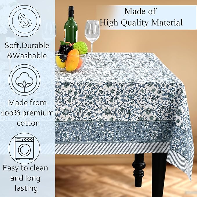 CPC Ocean Vine Tablecloth 100% Cotton 70x118 Inch Indian Block Print Rectangle Table Cover, Table Cloth for Gifting in Weddings, Halloween, Fall, Christmas, Thanksgiving