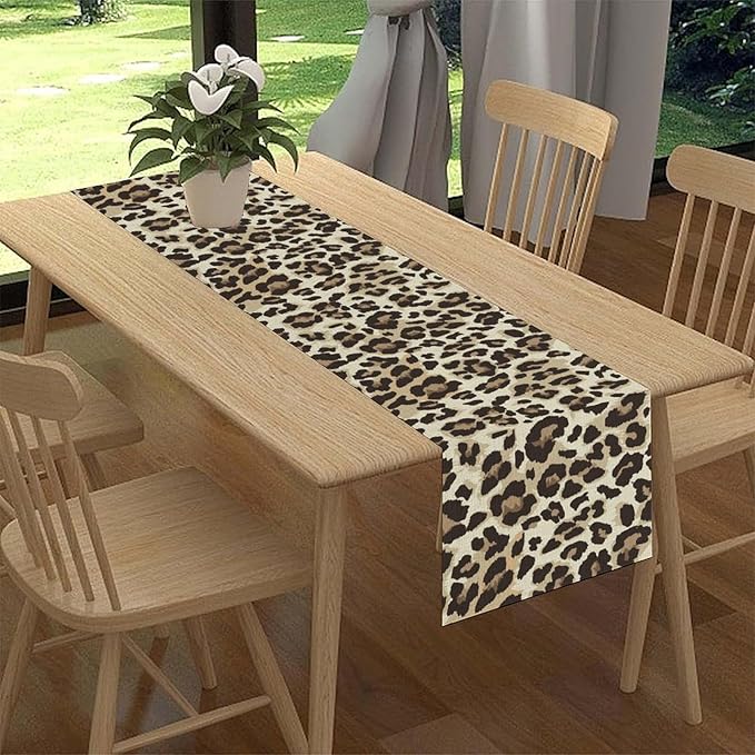 Leopard Print Table Runner, Animal Fur Print Western Style Table Runner Country Farmhouse Cottage Cow Pattern Linen Table Decoration for Home Kitchen Dining 13x72