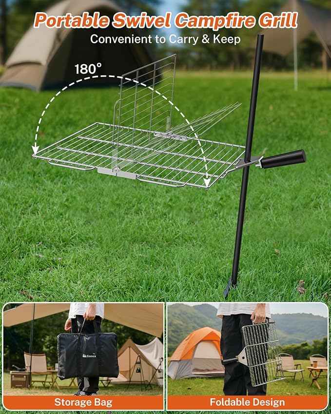 Gonex Portable Campfire Grill Grate for Fire Pit Foldable Stainless Steel Grill Height Adjustable Camping Cooking Equipment for RV Outdoor Backyard BBQ Courtyard 15.35"x18.3"