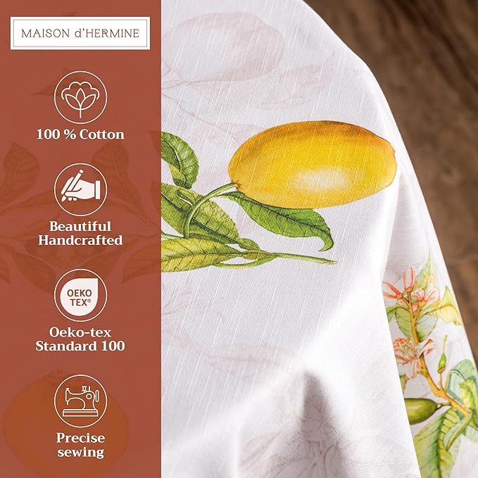 Maison d' Hermine Table Cloth Round Table 100% Cotton 69 Inches Tablecloth Reusable Decorative Everyday Use for Dining Room, Farmhouse, Home, Party, Festive & Wedding Spring Summer - Limoncello