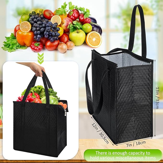 10 Pack Large Insulated Grocery Bags Reusable Shopping Bags with Zippered Top 13 x 12 x 7 Inch Thermal Cooler Totes Bulk with Handles for Hot Cold Food Delivery Refrigerator(Black)