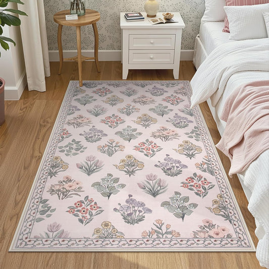 Wonnitar Boho Floral 3x5 Washable Rug, Ultra-Thin Pink Small Rugs for Bedroom, Soft Non Slip Moroccan Throw Carpet for Nursery Girls Bedside Dorm Room Decor, Pale Pink