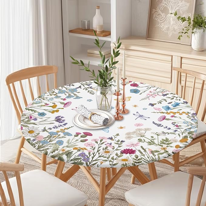 Spring Summer Floral Round Fitted Tablecloth with Elastic Wildflower Butterfly Circle Table Cloth for 40-44" Tables Wipeable Waterproof Farmhouse Easter Flowers Table Cover for Picnic Outdoor Dining