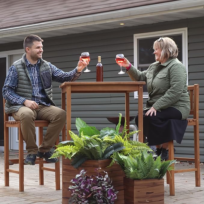 Sunnydaze 2-Person Solid Teak Wood Square Patio Bar Table - for Indoor or Outdoor Use - 31" Square x 43.5" H