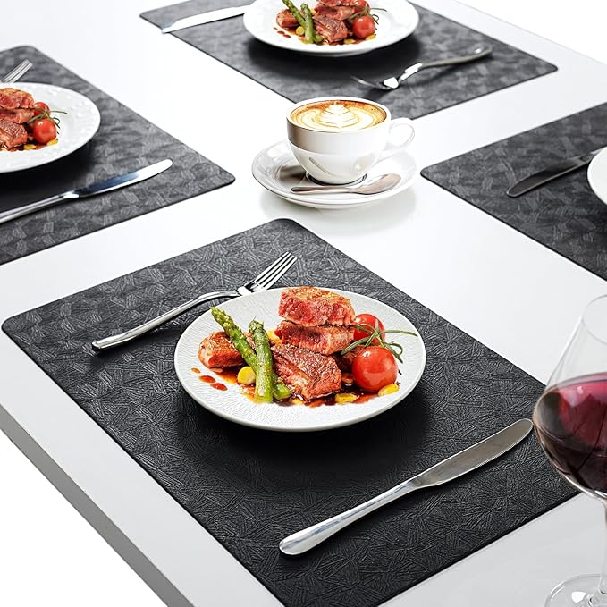 Vinyl Placemats Set of 4 Faux Leather 100% Waterproof Wipeable Washable Place Mats Heat Resistant Easy Clean Non-Slip Table Mats for Indoor Outdoor. (4,Black)