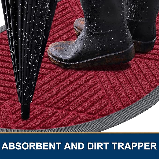 Smiry Half Circle Front Door Mat Outside Entrance, Heavy Duty Sturdy Natural Rubber Doormat, Trap Dirt and Moisture, Low Profile Mats for Indoor Outdoor Entry, Irregular Triangle (36x24, Wine Red)