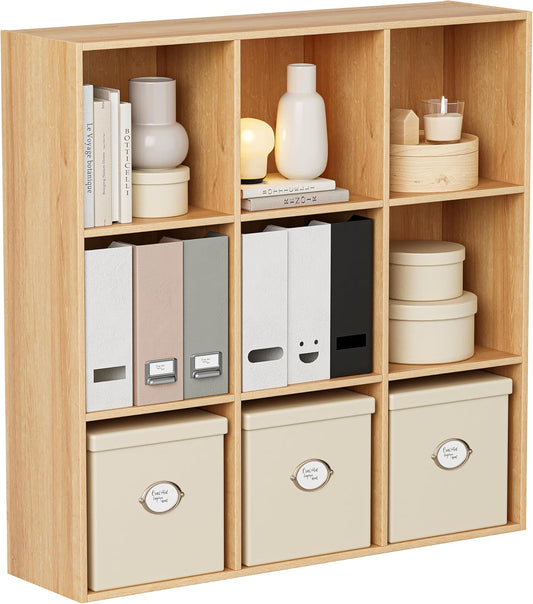 Wooden Storage Organizer with Closed Back Panel, 11in Cube Shelf Opening, Bookshelf, Display Shelf,Closet Cabinet for Home and Office (Natural Oak, 9-Cube 35.98L*9.45W*35.91H)