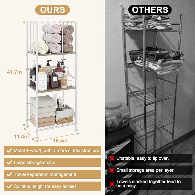 Towel Rack Free Standing 3-Tier M-Shaped Detachable Dividers, Durable Metal Holder, Pool Towel Rack, Space-Saving Towel Storage Organizer, Modern Bath Towel Shelf for Home, Poolside, White