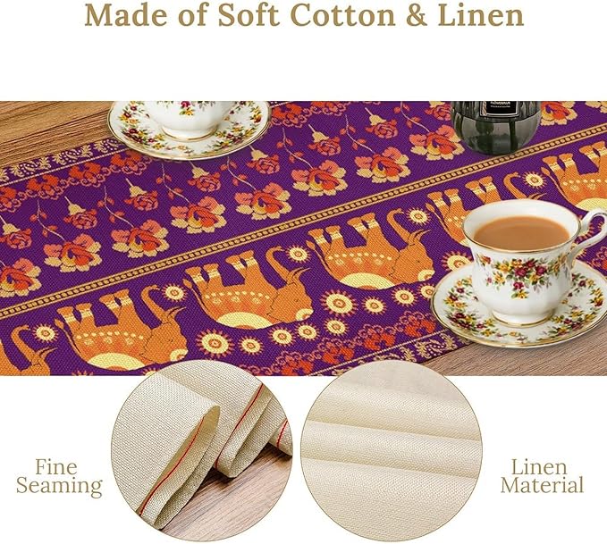 African Tribal Table Runner, Rustic Elephants Floral African Indian Diwali Art Print Purple Coffee Table Center Decor for Home Kitchen Holiday Party Farmhouse Outdoor Table Decorations, 13"x72"