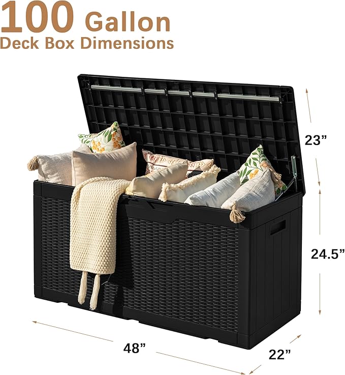 Devoko 97 Gallon Deck Box, Waterproof Resin Outdoor Storage Box for Outside and Patio, Large Outdoor Storage Bench Cabinet Lockable for Patio Furniture, Garden Tools and Pool Supplies (Black)