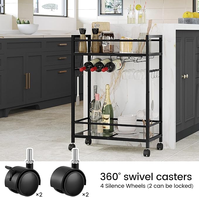 Bar Cart with Wine Rack, Serving Cart for Home, Microwave Cart, Drink Cart, Mobile Kitchen Shelf with Glass Holder, Rolling Beverage Cart for Dining Room (Black)