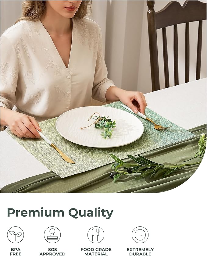 Leetaltree Gradient Green Woven Placemats Set of 6 - Heat Resistant Non-Slip Place mats for Dining Table, Washable Durable PVC Vinyl Woven Table Mats(Gradient Green, 6)