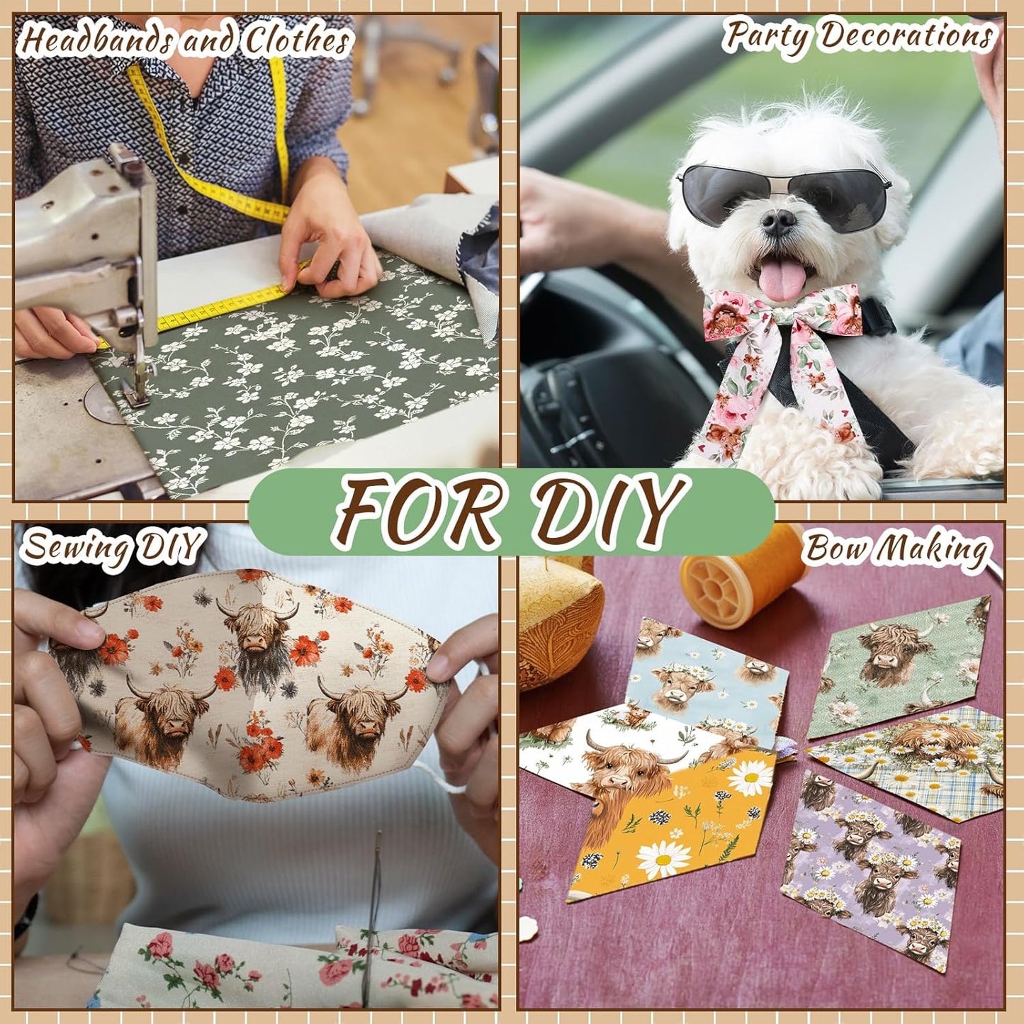 Ganeen 60 Pcs 10 x 10 Inch Highland Cow Quilting Fabric Squares Vintage Highland Cow Fat Patchwork Precut Strips Retro Multicolor Fabric Bundles for Holiday DIY Craft Sewing Quilt Material Handmade