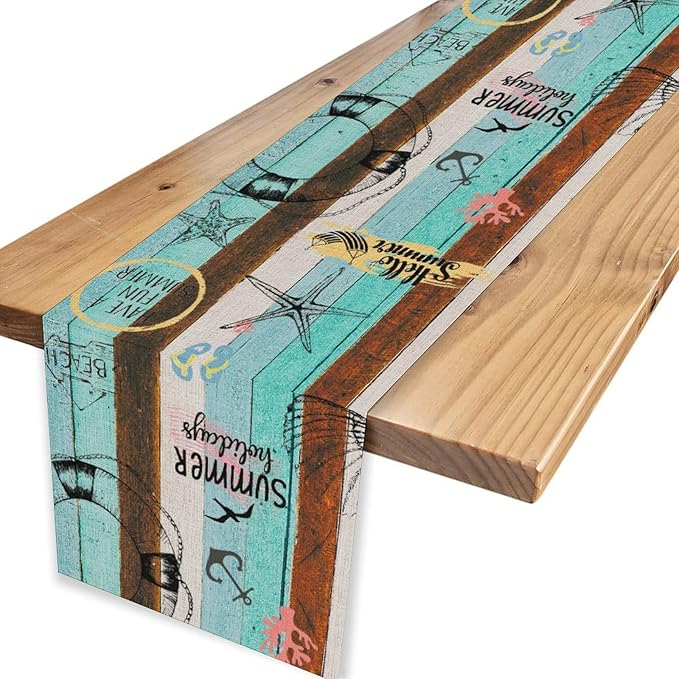 Retro Summer Table Runner, Coastal Starfish Beach Seashell Ocean Nautical Wooden Plank Seasonal Coffee Table Center Decor for Home Kitchen Dining Patio Holiday Party Table Decorations 13"x72"