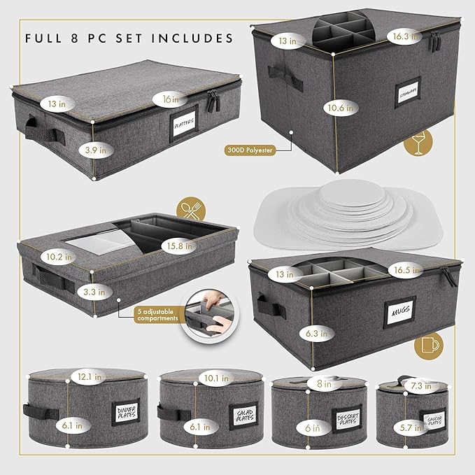HOMELUX THEORY Hard Shell China Storage Containers for Dishes, 4pcs Plate Storage Containers with Lid, Heavy Duty Dish and Dinnerware Storage with 48 Felt Pads, Kitchen Organizers and Storage