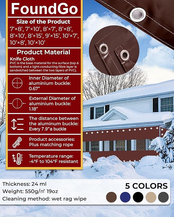 FoundGo 8'H x 10'W Vinyl Curtains for Patio 19oz, Outdoor Clear Vinyl Patio Enclosure,Heavy Duty Clear Tarp Waterproof Vinyl Tarps with Grommets for Pergola, Balcony,Porch,Gazebos，-4℉ Cold Resistant