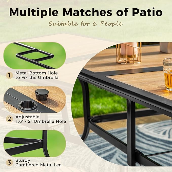 Outdoor Patio Dining Table for 6, 60" x 37" Rectangular Metal Patio Dining Table with Umbrella Hole and Faux Wood Tabletop, All Weather Wrought Iron Black Outdoor Table for Backyard and Porch