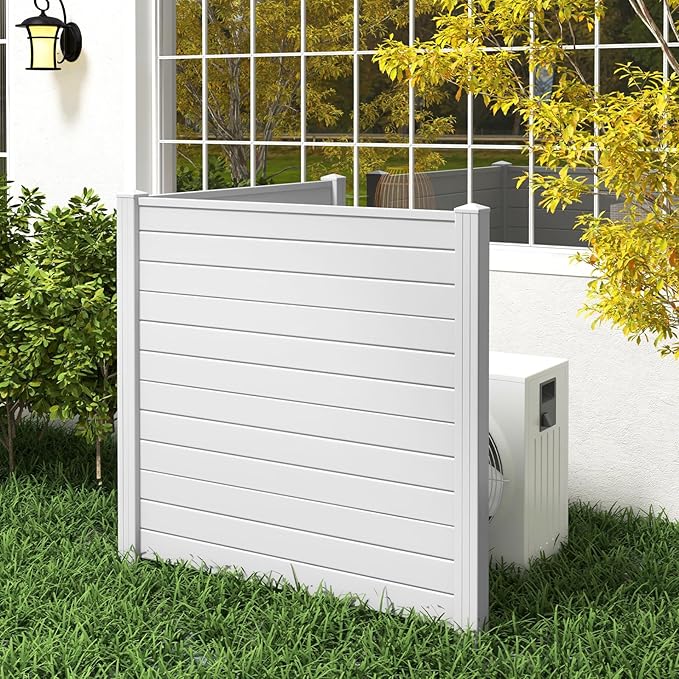 Giantex Air Conditioner Fence 4 Panels - 48''W x 48''H Outdoor Privacy Screen with Upgraded Metal Stakes, PVC Trash Can Enclosure, Decorative Garden Fences for Patio Lawn AC Unit Pool Pump, White