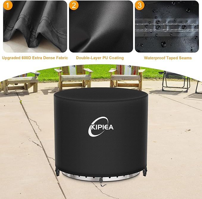 Kipiea Round Fire Pit Cover for Solo Stove Yukon - 100% Waterproof Smokeless Fire Pit Cover, Upgraded 600D Strong Tear and UV Resistant - 28" Dia X 16" H