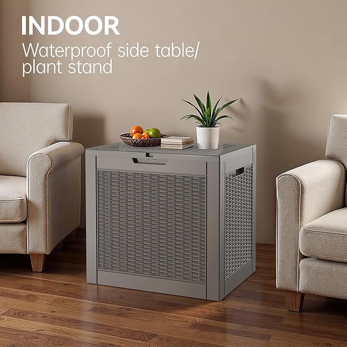 31 Gallon Outdoor Storage Deck Box Waterproof,Garden Tool,Backyard Cushion,Poolside Storage,Small Delivery Boxes for Outside,Lockable Lid,Rattan Grey