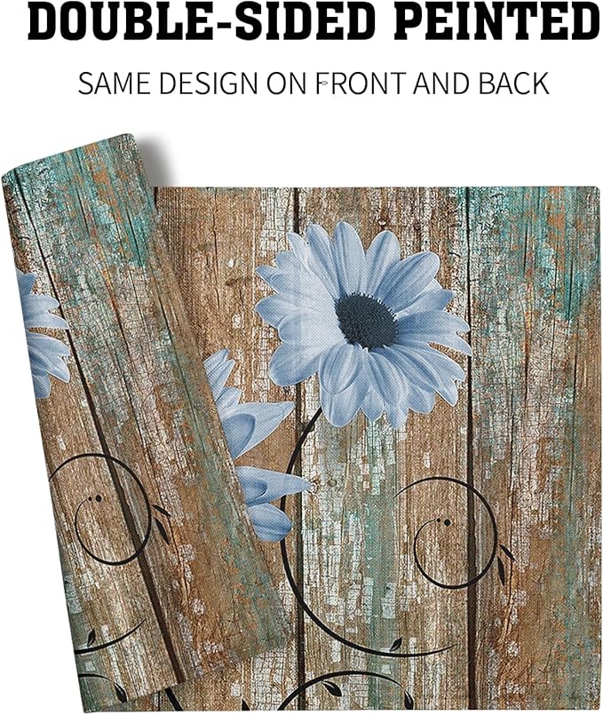 Giwawa Rustic Daisy Placemats Set of 4- Blue Sunflowers on Vintage Wood Board Linen Place Mat- Farmhouse Wooden Washable Heat Resistant Table Mats for Kitchen Dining Cabin Lodge Decor