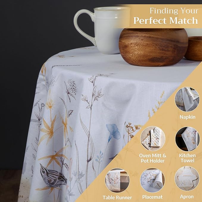 Maison d' Hermine Table Cloth Round Table 100% Cotton 69 Inches Tablecloth Reusable Decorative for Dining Room, Farmhouse, Home, Party, Festive & Wedding Spring Summer - Meadow Florals - Beige