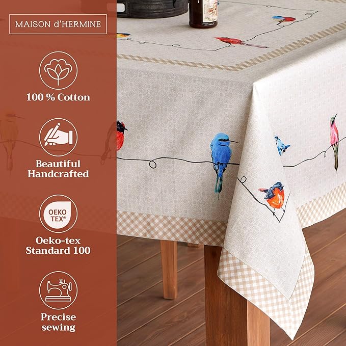Maison d' Hermine Table Cloth Rectangle Table 100% Cotton 70 x 90 Inches Tablecloth Reusable Decorative for Dining Room, Farmhouse, Home, Party, Festive & Wedding Spring Summer - Birdies On Wire