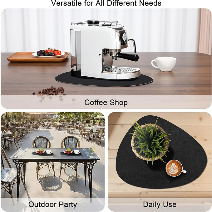 Placemats and Coasters, Washable Reversible Placemats Round Faux Leather Wipeable Place Mats Non Slip Heat Resistant Indoor Outdoor Table Mats (Set of 4, Cream Black)