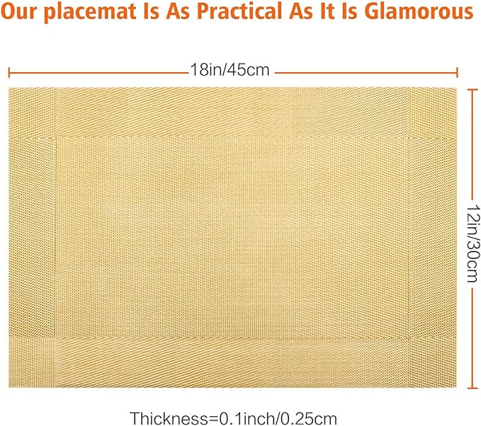 Placemats Set of 8,Washable,Heat and Stain Resistant Indoor/Outdoor Place mats,Vinyl Woven Non Slip Table Mats for Restaurant Table Protection,PVC Placemats(Gold,8PCS)