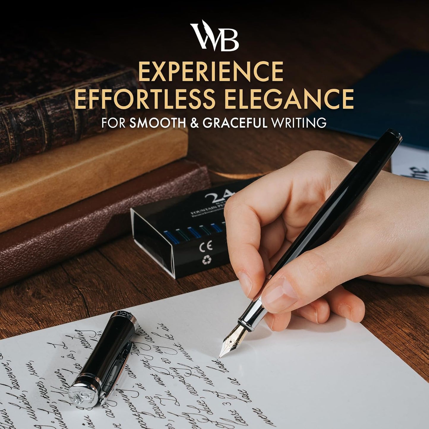 Wordsworth & Black Fountain Pen Set, Fine Nib, Includes 24 Pack Ink Cartridges, Ink Refill Converter & Gift Box, Chrome Finish, Calligraphy, [Black Chrome], Perfect for Men & Women