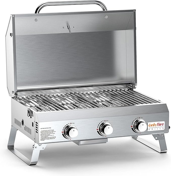 Tabletop Gas Grill 3 Burners, Portable Propane BBQ Grill with Foldable Legs for Outdoor Barbecue Patio Backyard Camping, Tailgating, RV Trip, Heavy Duty & 24000BTU, GS307