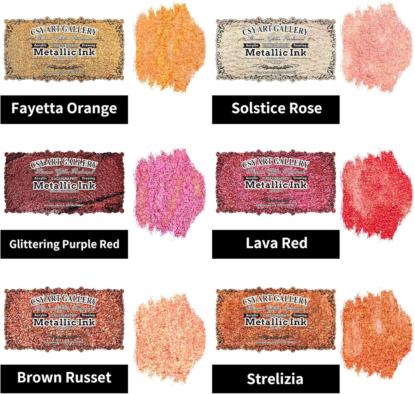 CSY art gallery Pearlescent Acrylic Inks Bottle with Dropper, 1oz - 29.5 ml Set of 6PCS Bronze Gold Red Liquid Drawing Ink for Calligraphy,Wood, Scrapbook Journals, Photo Albums (Saturn Twinkles Set)