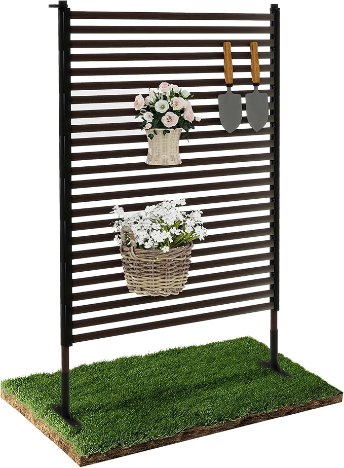 Outdoor Privacy Screen Fence with Feet Stand 3FT x 5FT, Freestanding Fence Privacy Screen for Outside, Metal Pipes and Slats Panels Divider Stake for Garden Patio Balcony Backyard Brown