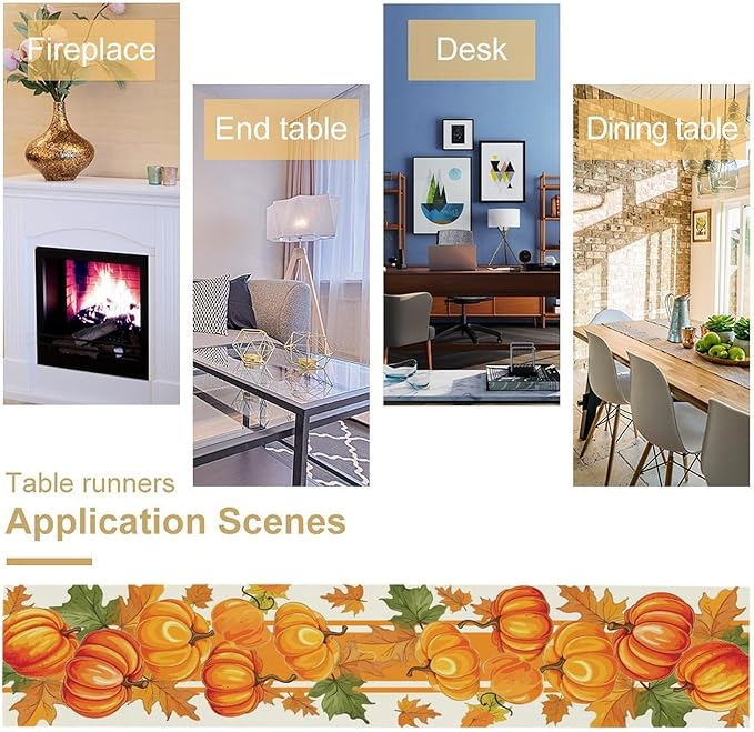 Fall Pumpkin Table Runner, Autumn Orange Maple Leaves Print Table Runner for Thanksgiving Harvest Holiday Indoor Outdoor Table Decoration, 13x36inch