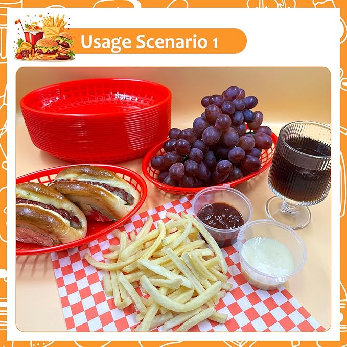 20 Pack Plastic Fast Food Baskets, 8.8" × 5.5" Small Oval Restaurant Serving Baskets Tray for Burgers, Sandwiches, Hot Dogs, Parties, Food Trucks, Reusable or Disposable, Stackable(Red)
